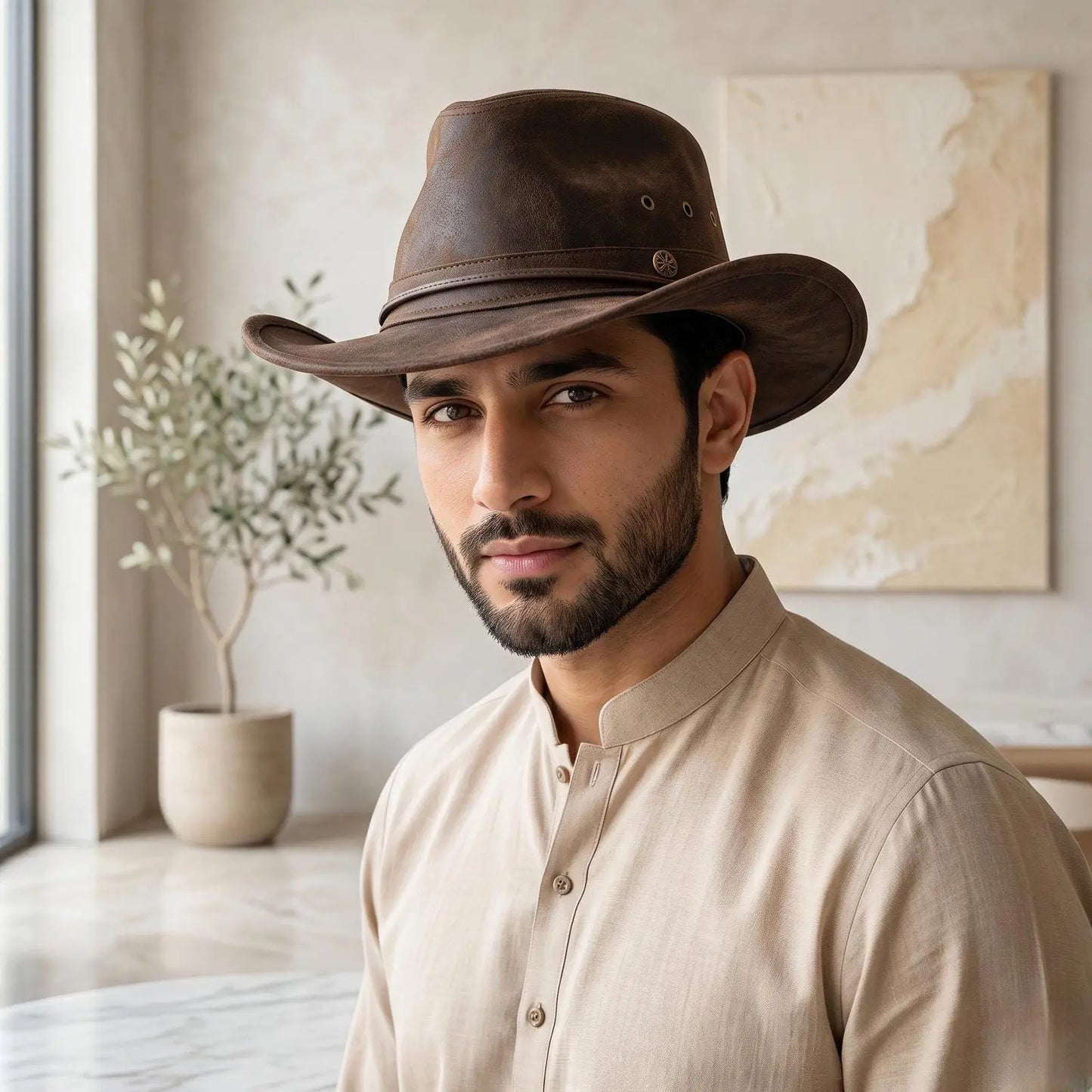 Authentic Distressed Brown Leather Cowboy Hat | Western Ranch Style
