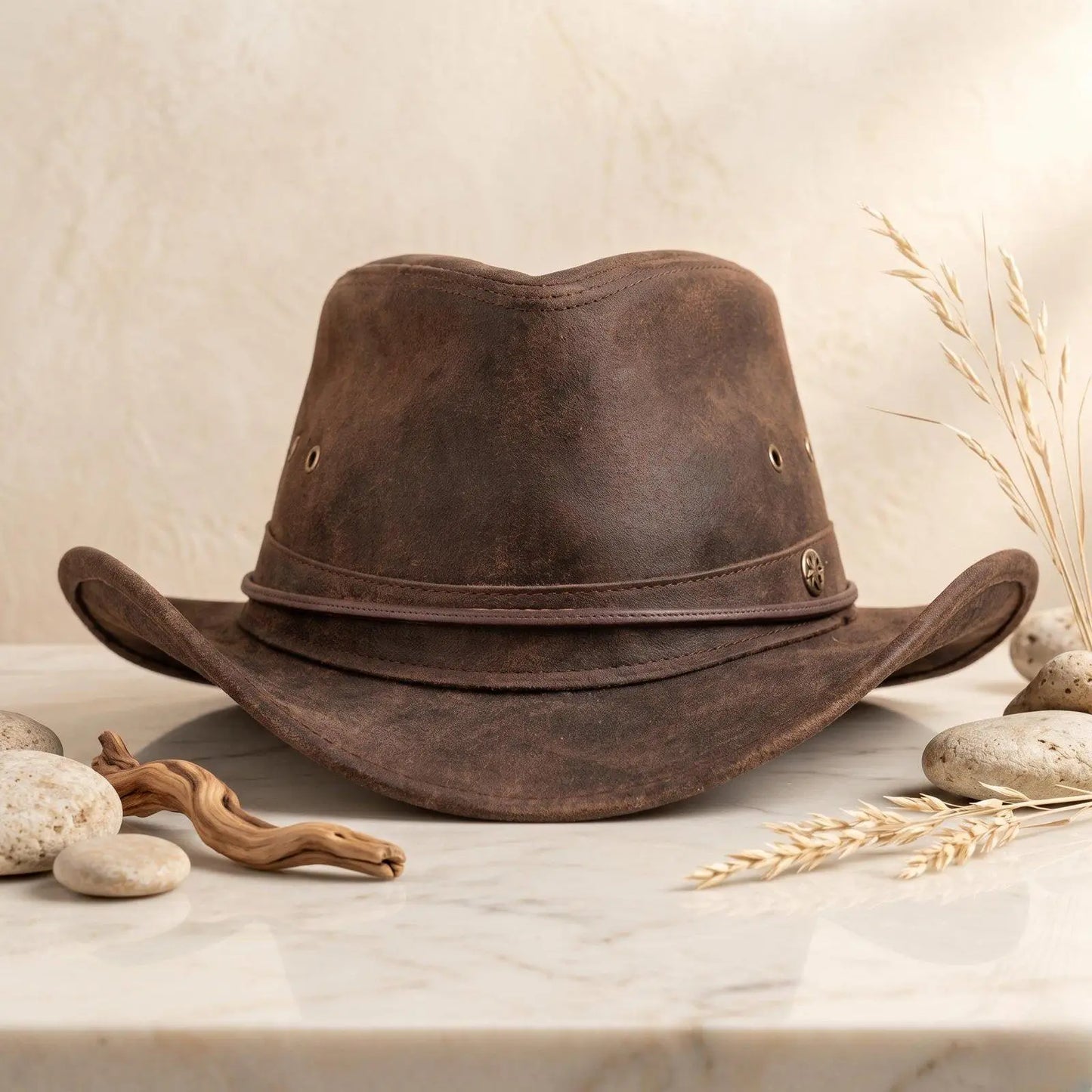 Authentic Distressed Brown Leather Cowboy Hat | Western Ranch Style