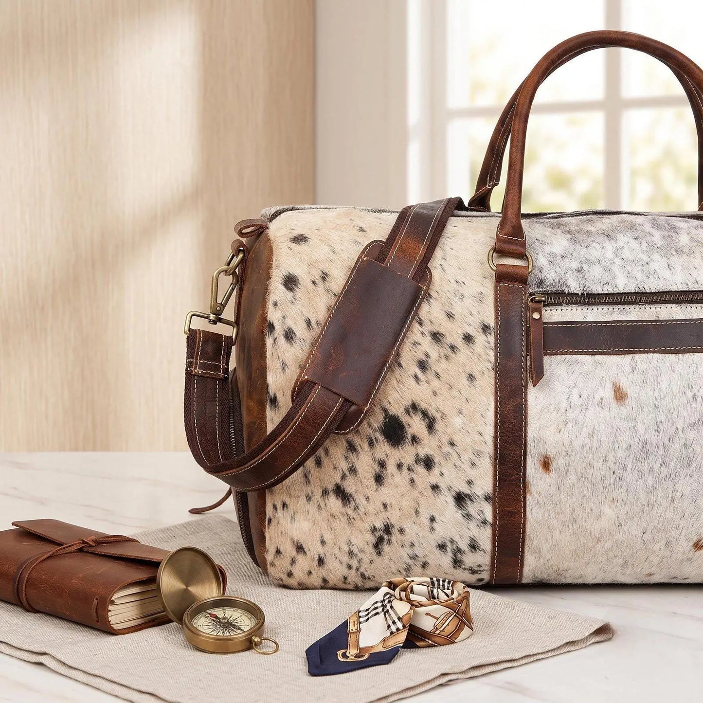 Handcrafted Cowhide & Full-Grain Leather Duffel Bag | Unique Western Weekender