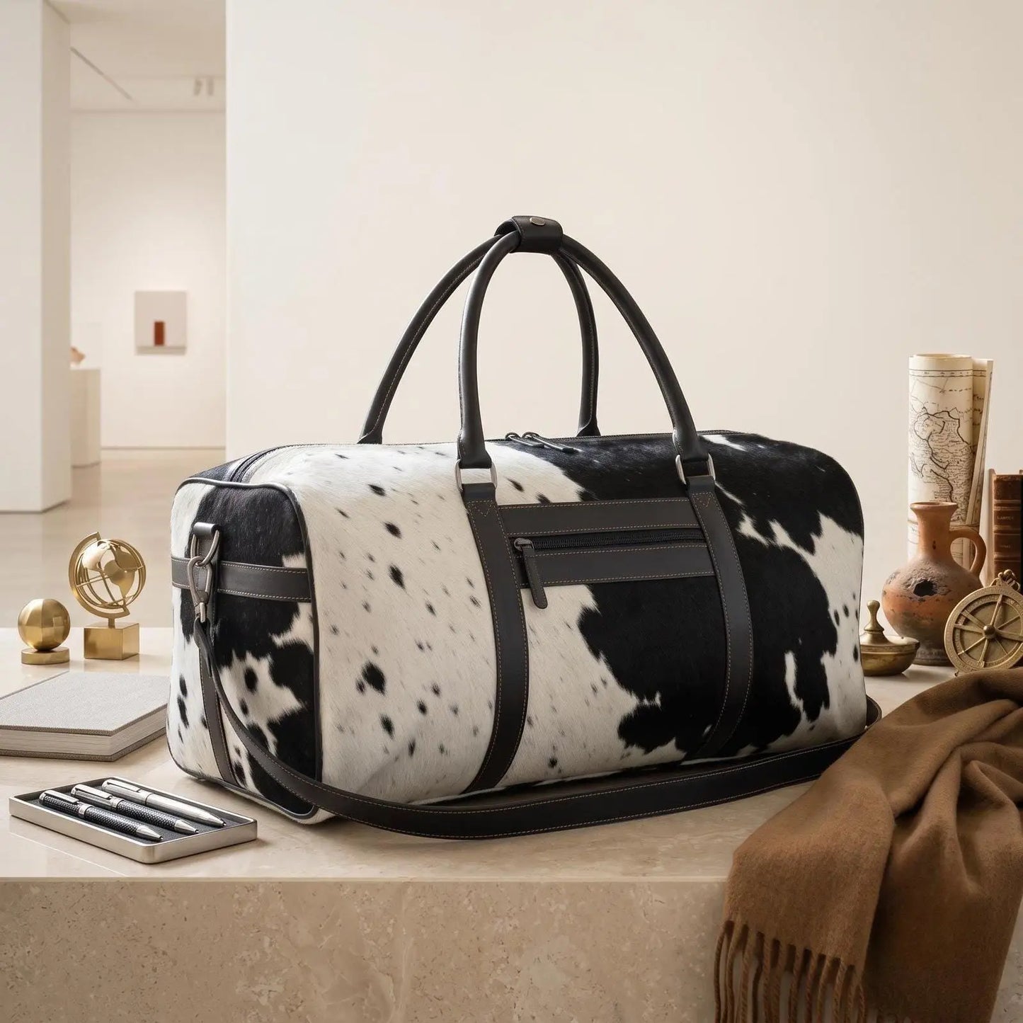 Handcrafted Hair-On Cowhide Leather Duffel Bag – Unique Luxury Weekender