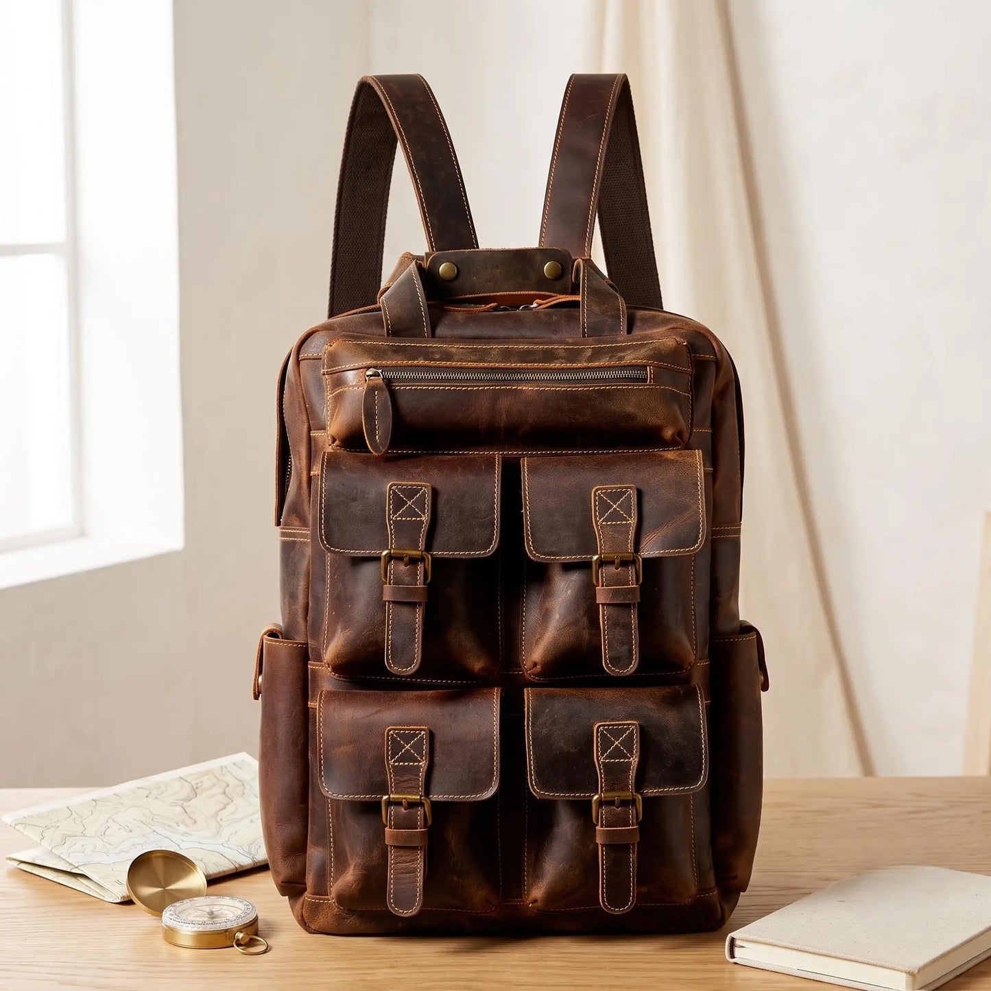 Vintage Full-Grain Leather Laptop Backpack