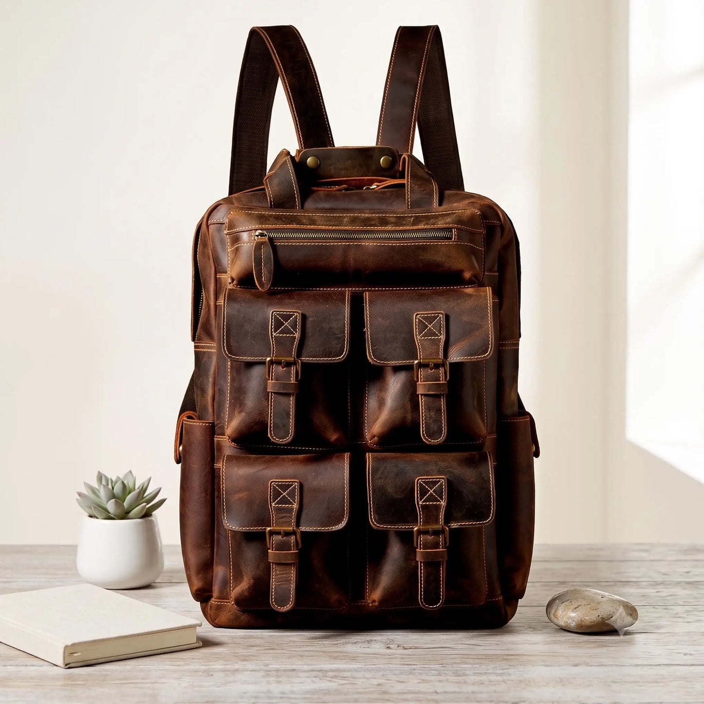 Vintage Full-Grain Leather Laptop Backpack
