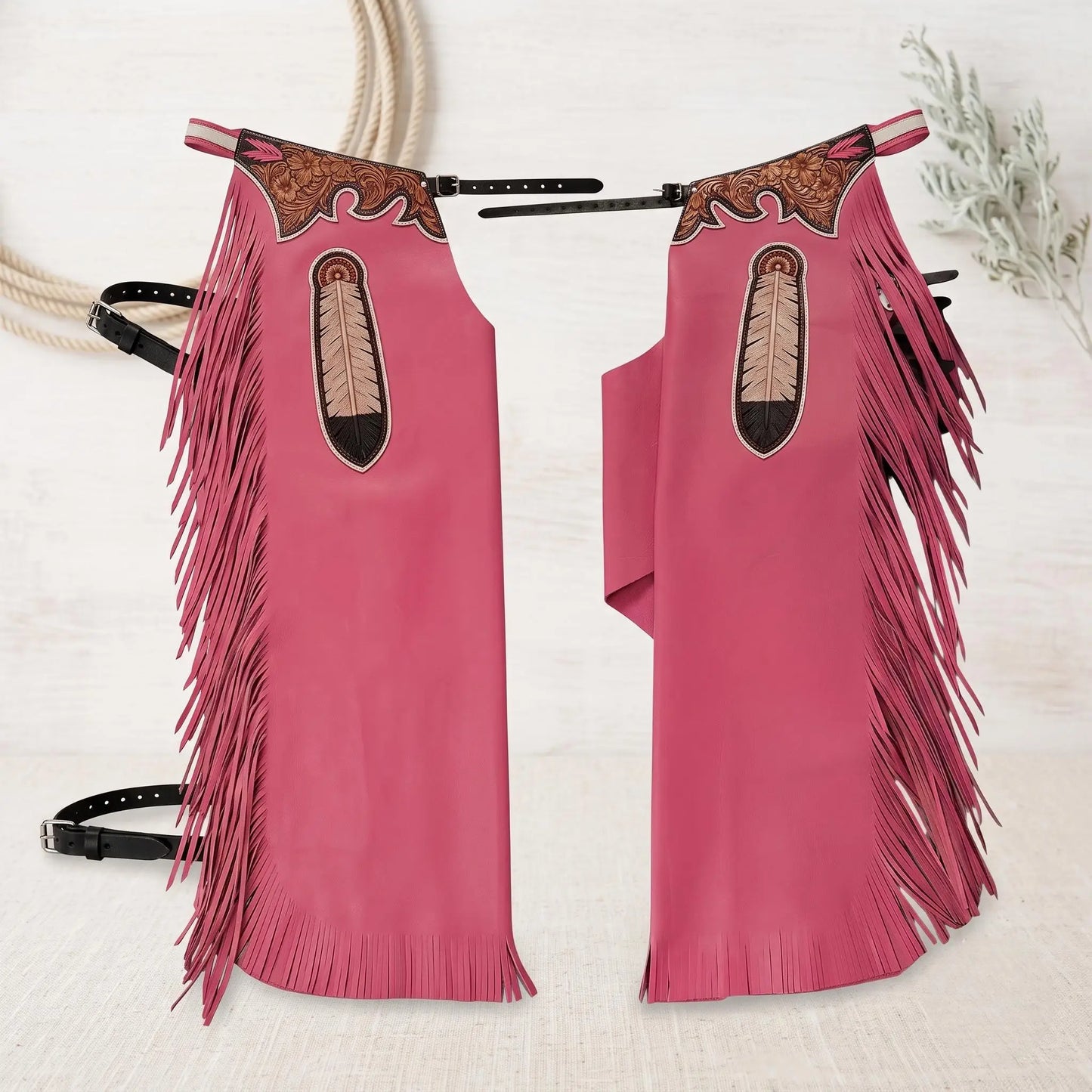 Hand-Tooled Pink Leather Rodeo Chaps | Custom Western Show & Bull Riding Fringe Gear
