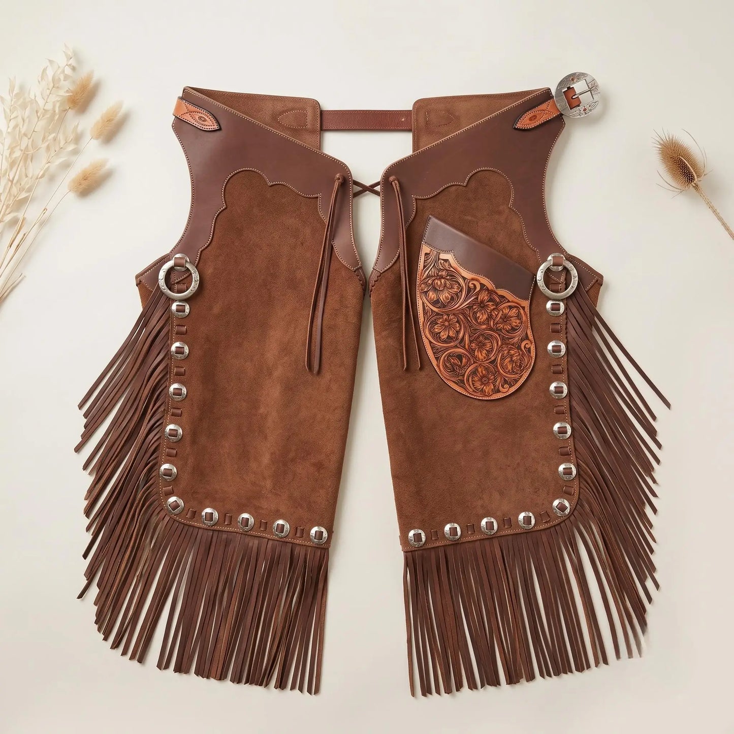 Brown Suede Western Chaps with Floral Tooled Leather Yoke – Professional Rodeo & Riding Gear