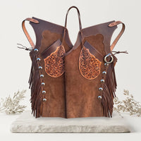 Brown Suede Western Chaps with Floral Tooled Leather Yoke – Professional Rodeo & Riding Gear
