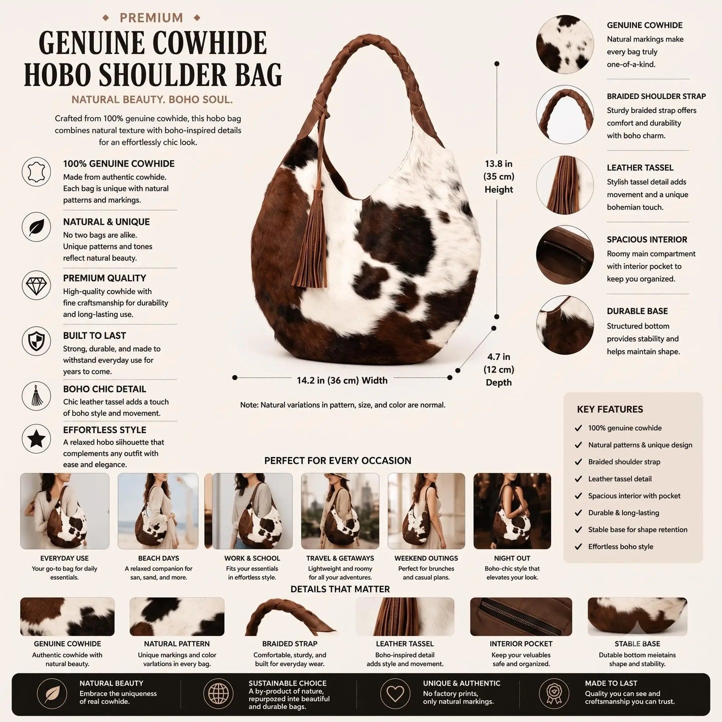Natural Brown & White Hair-On Cowhide Leather Hobo Bag
