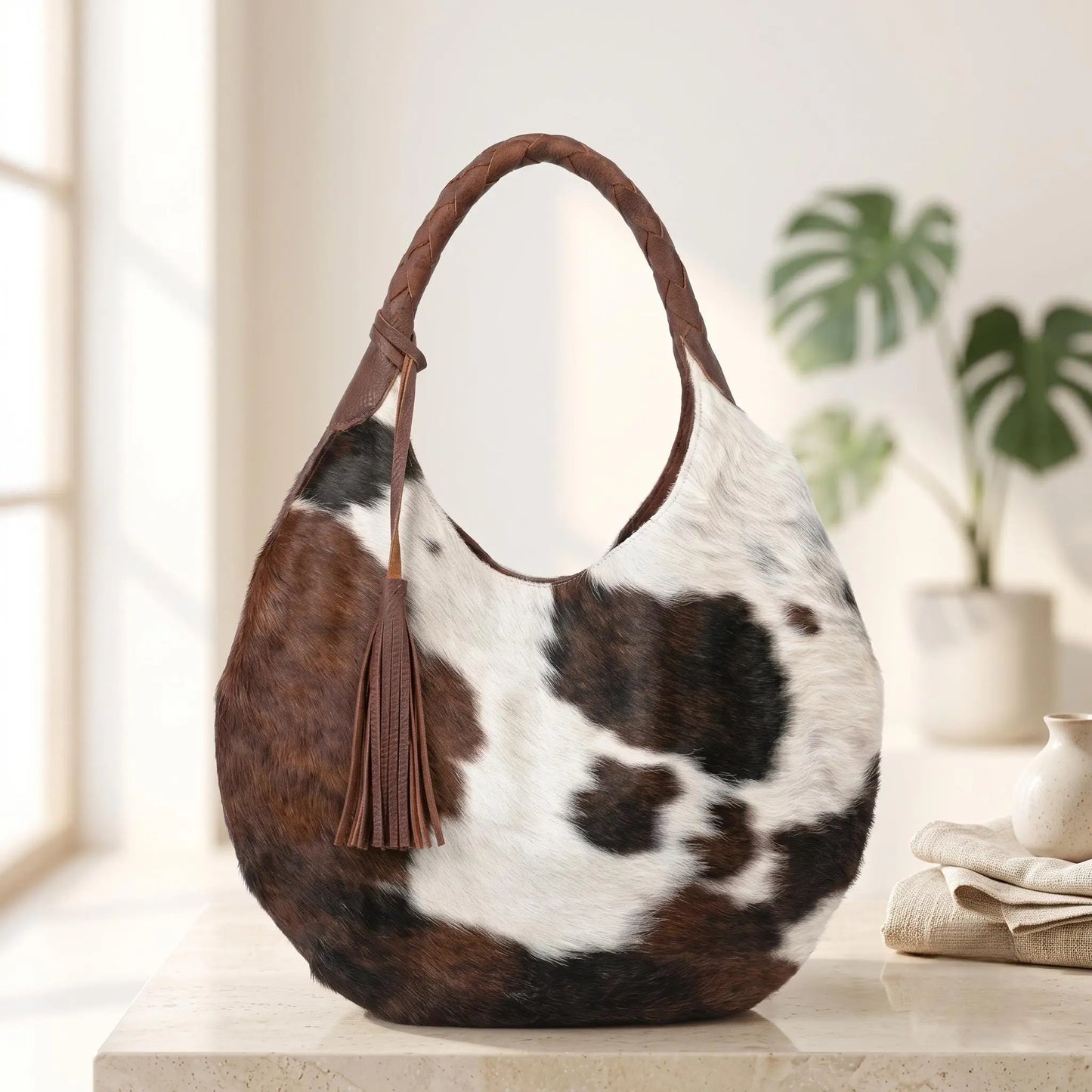 Natural Brown & White Hair-On Cowhide Leather Hobo Bag