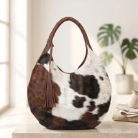 Natural Brown & White Hair-On Cowhide Leather Hobo Bag