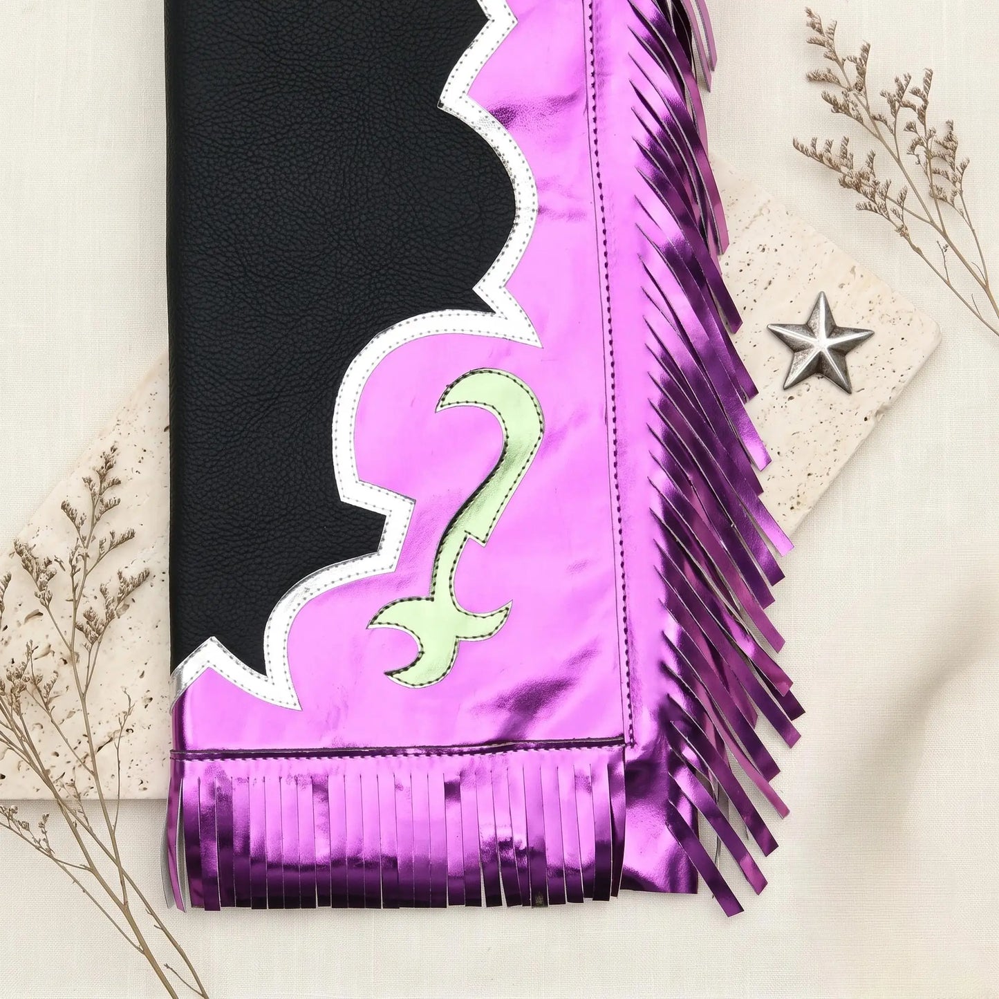 Handcrafted Leather Rodeo Chaps with Metallic Purple Fringe