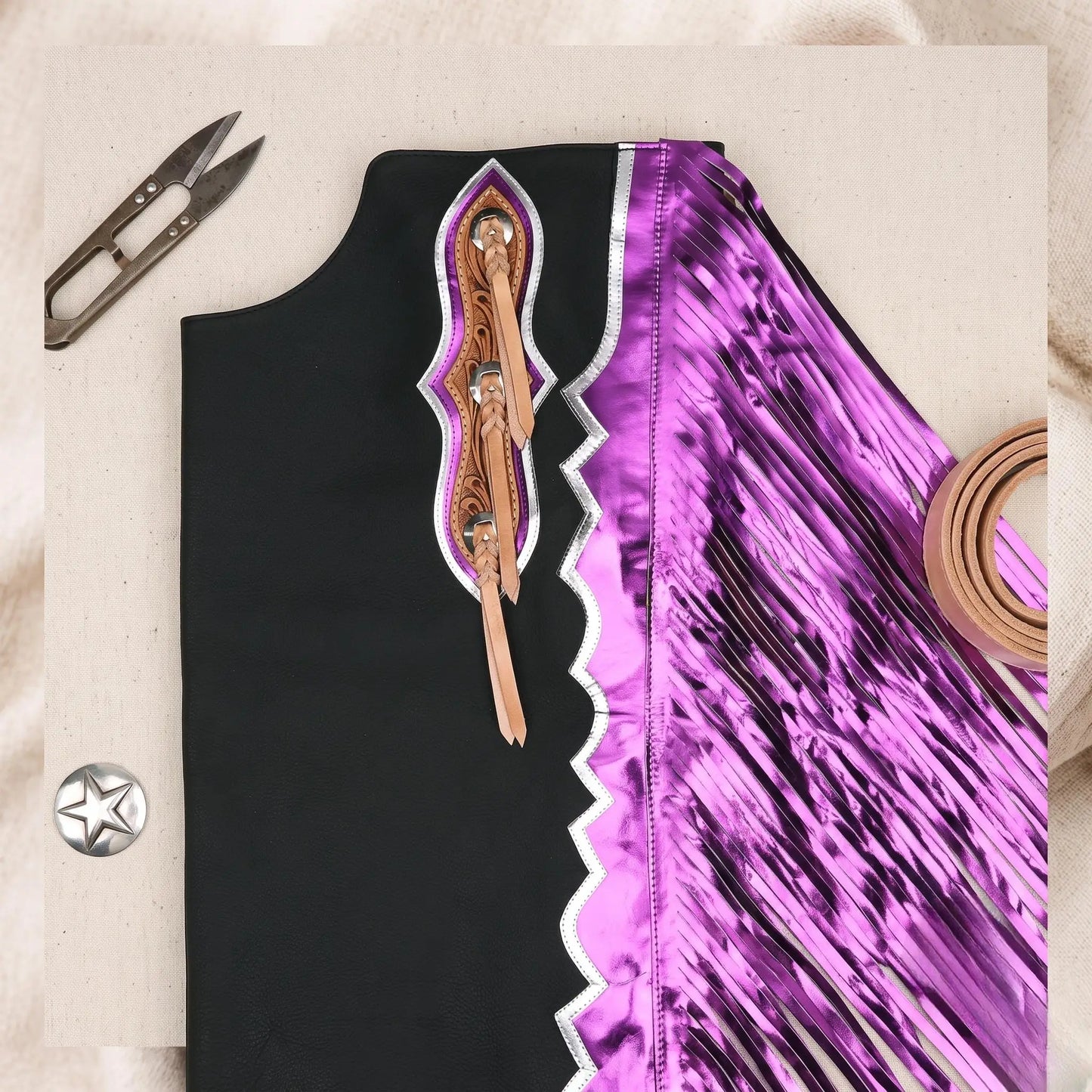 Handcrafted Leather Rodeo Chaps with Metallic Purple Fringe