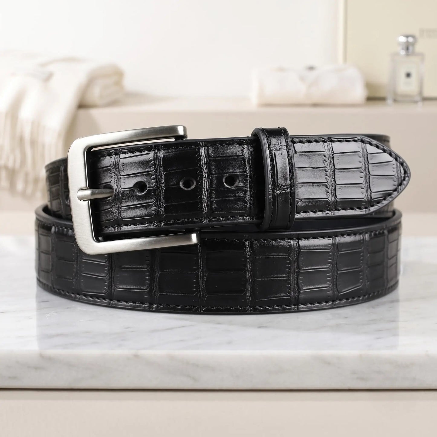 Men's Black Crocodile Embossed Genuine Leather Dress Belt