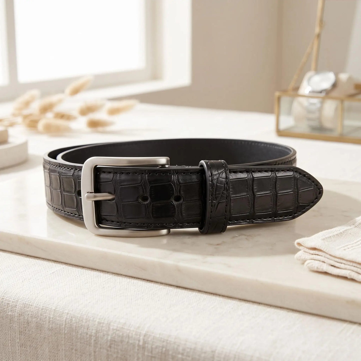 Men's Black Crocodile Embossed Genuine Leather Dress Belt