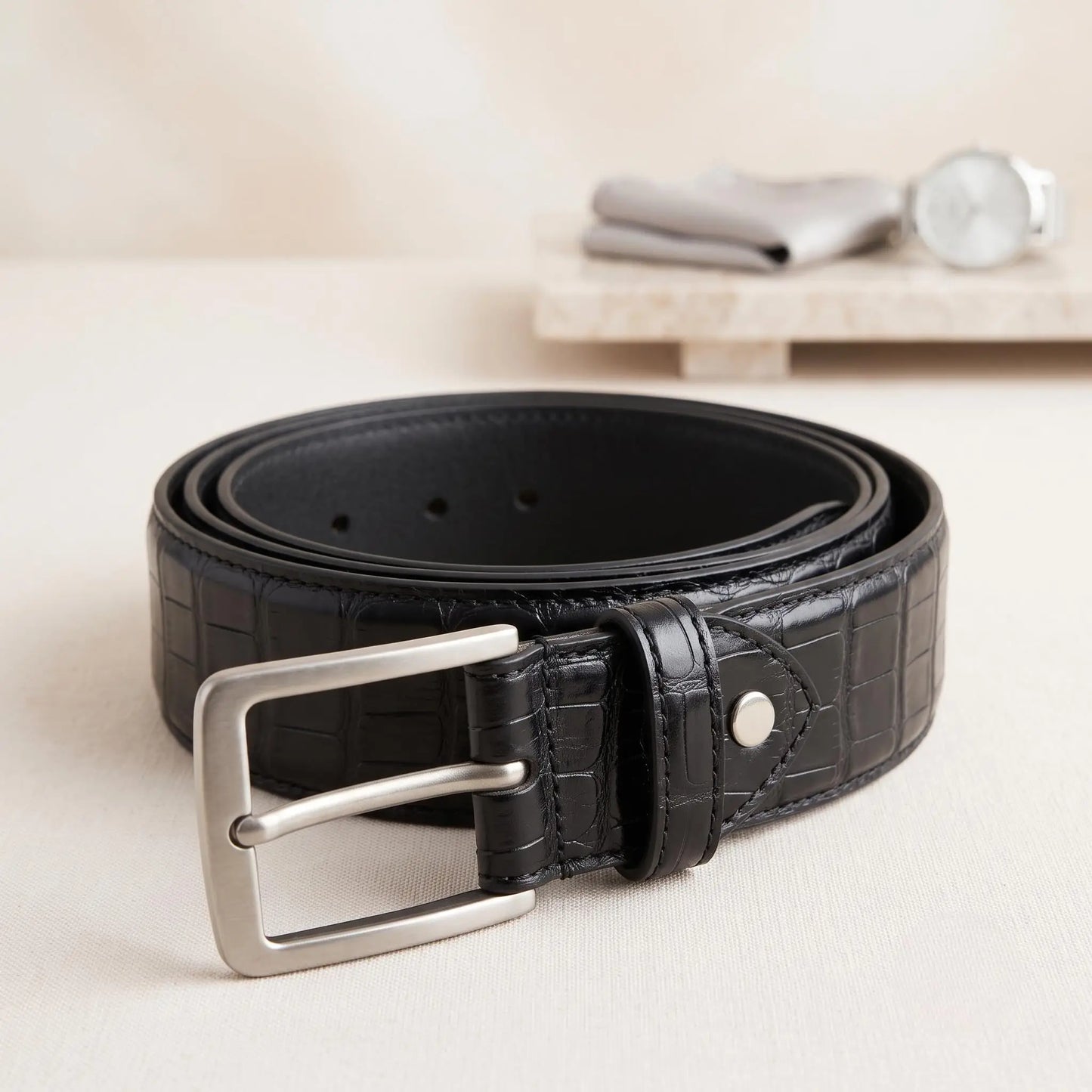 Men's Black Crocodile Embossed Genuine Leather Dress Belt