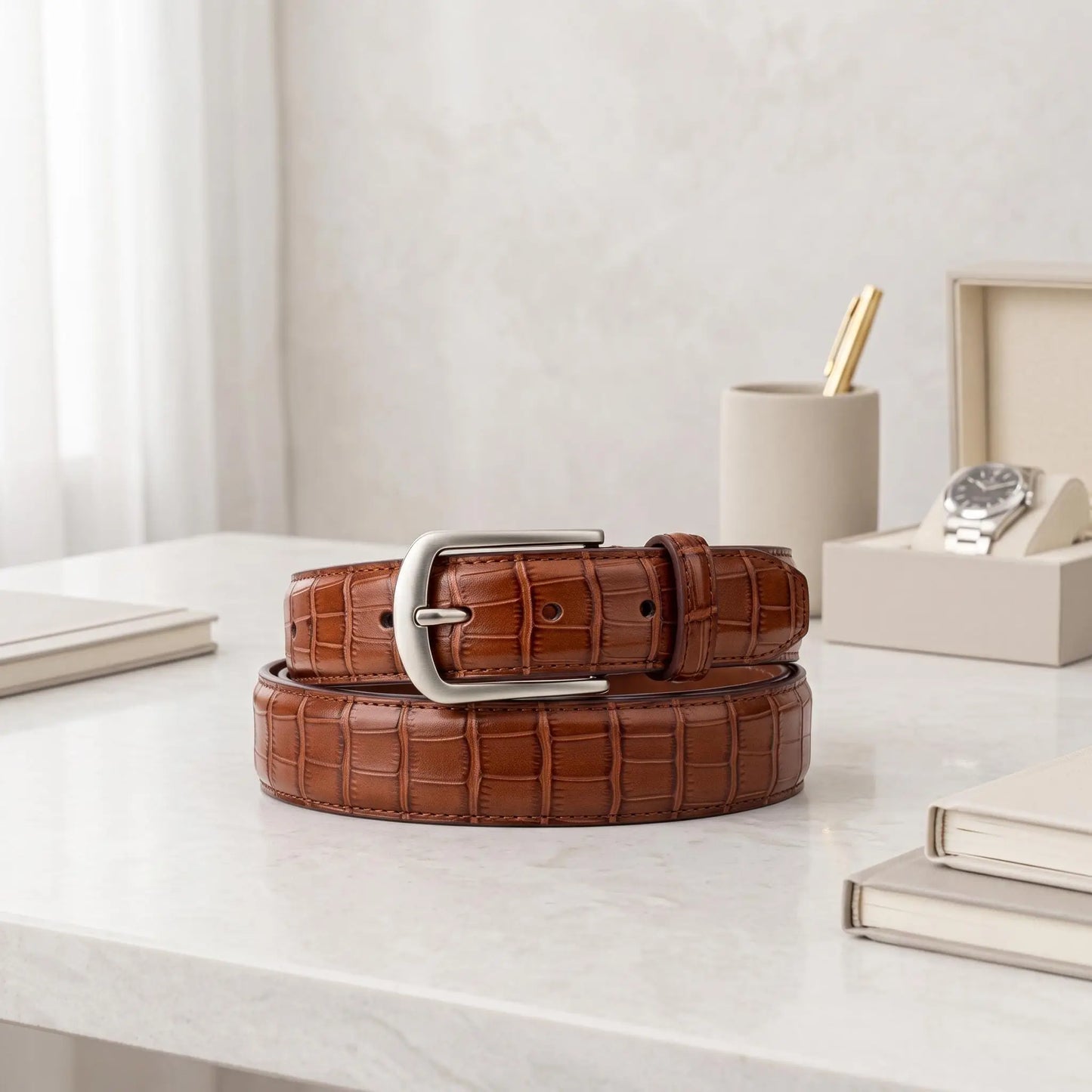 Brown Crocodile Embossed Genuine Leather Belt – Handmade Vintage Dress Accessory