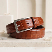 Brown Crocodile Embossed Genuine Leather Belt – Handmade Vintage Dress Accessory