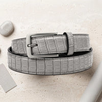 Men’s Gray Croc-Embossed Leather Belt – Luxury Silver Buckle Dress & Casual Belt