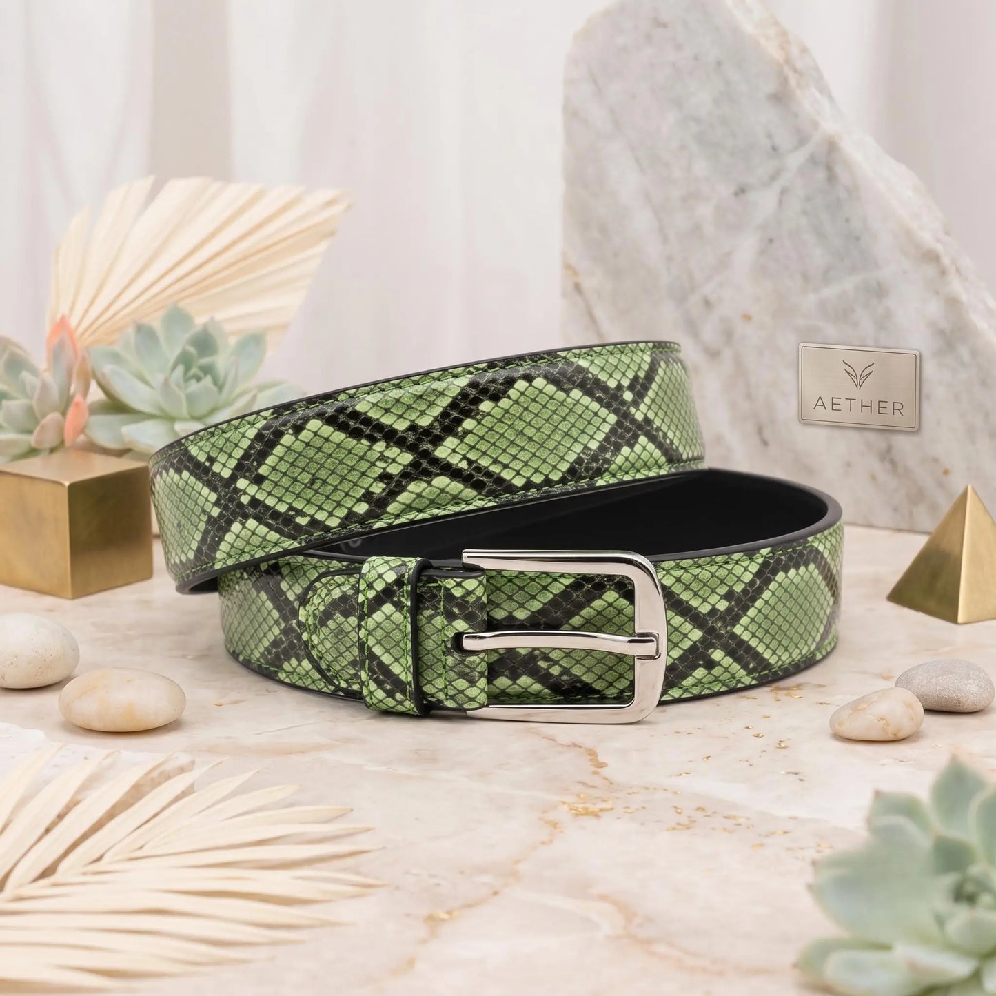 Make a Bold Statement with the TAKEKO Python-Emossed Green Leather Belt
