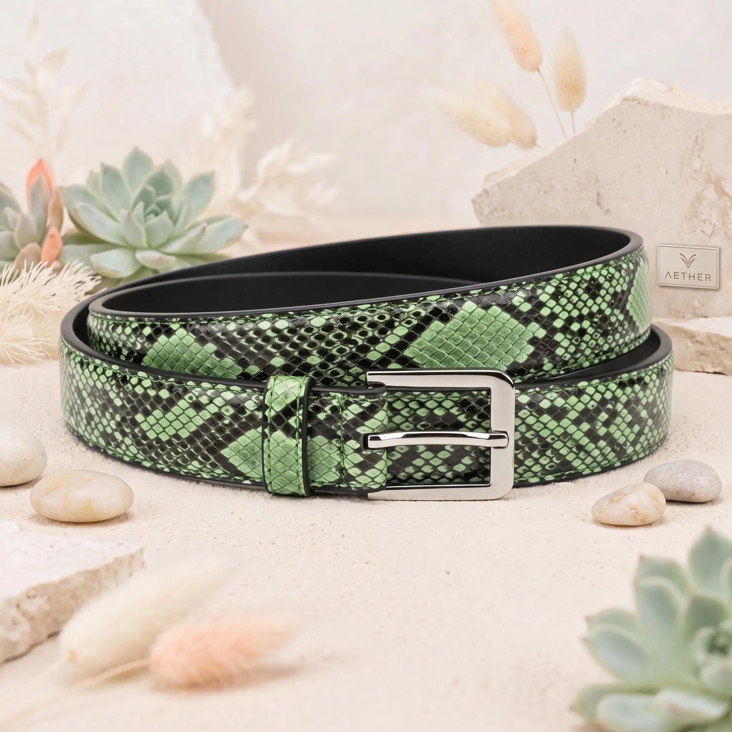 Make a Bold Statement with the TAKEKO Python-Emossed Green Leather Belt