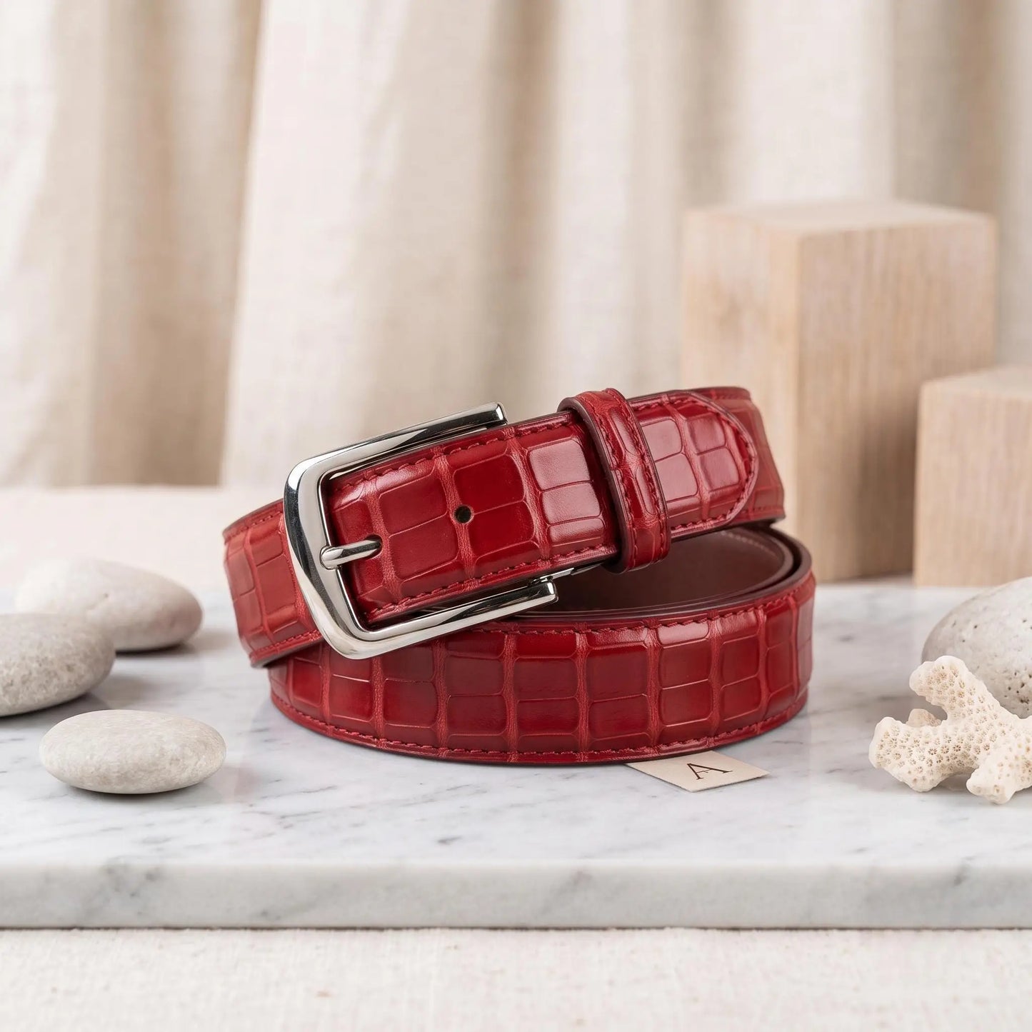Men’s Red Croc-Embossed Leather Belt | Luxury Silver Buckle Dress Belt
