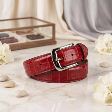 Men’s Red Croc-Embossed Leather Belt | Luxury Silver Buckle Dress Belt