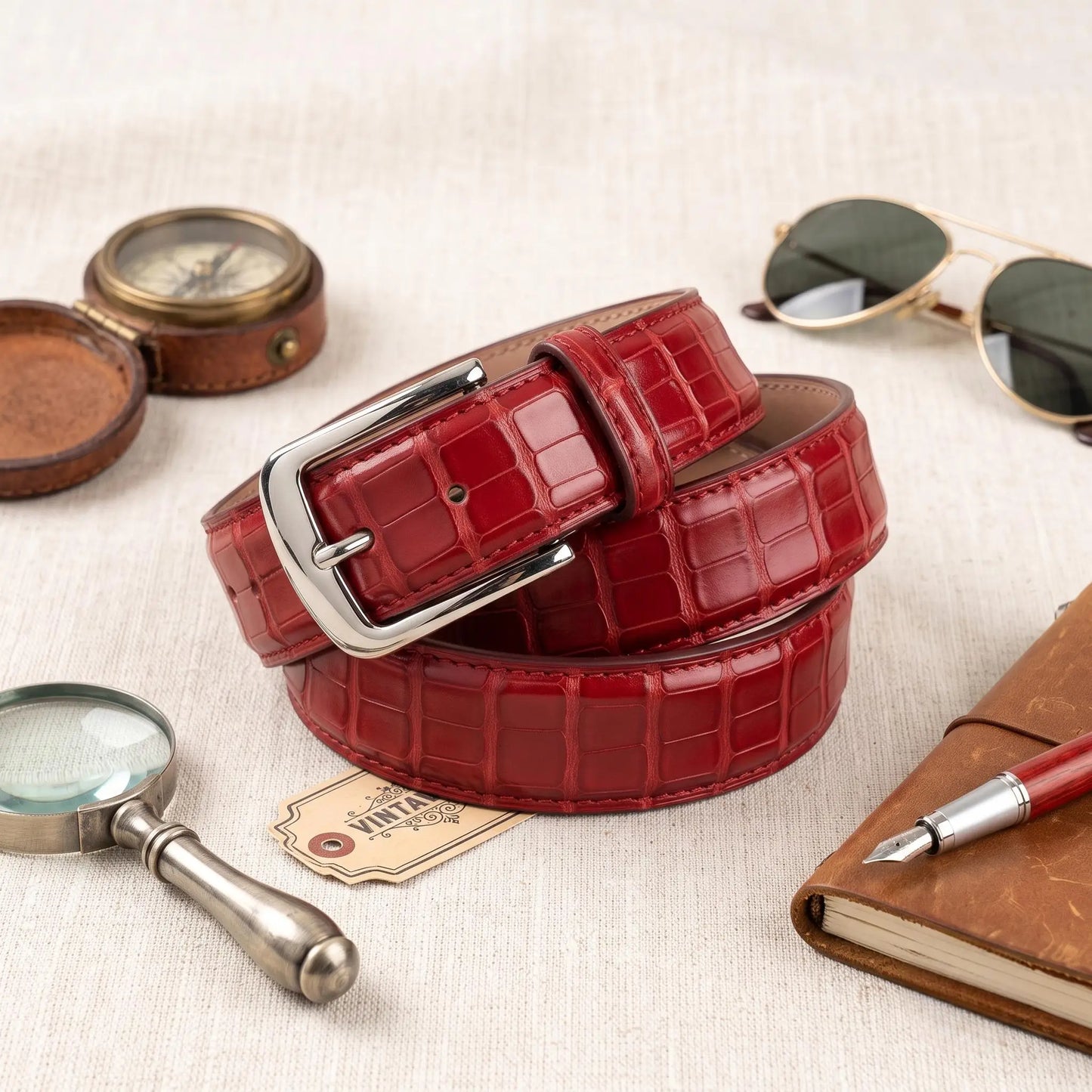 Men’s Red Croc-Embossed Leather Belt | Luxury Silver Buckle Dress Belt