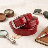 Men’s Red Croc-Embossed Leather Belt | Luxury Silver Buckle Dress Belt