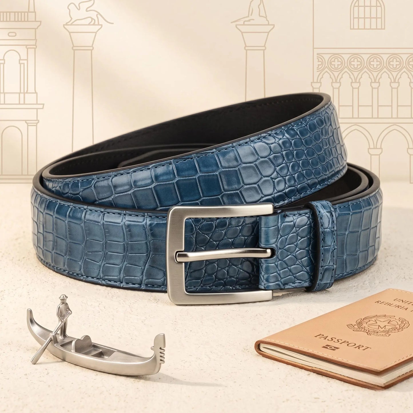Luxury Men’s Blue Crocodile-Embossed Genuine Leather Belt | Handmade