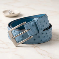Handcrafted Sky Blue Genuine Ostrich Leather Belt Luxury Exotic Skin Dress Belt for Men