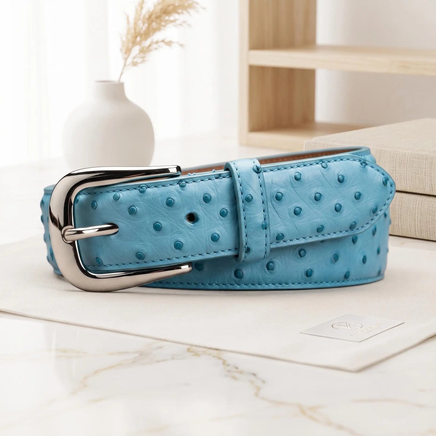 Handcrafted Sky Blue Genuine Ostrich Leather Belt Luxury Exotic Skin Dress Belt for Men