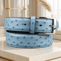 Handcrafted Sky Blue Genuine Ostrich Leather Belt Luxury Exotic Skin Dress Belt for Men