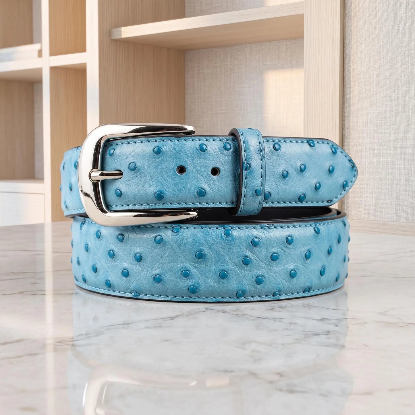 Handcrafted Sky Blue Genuine Ostrich Leather Belt Luxury Exotic Skin Dress Belt for Men