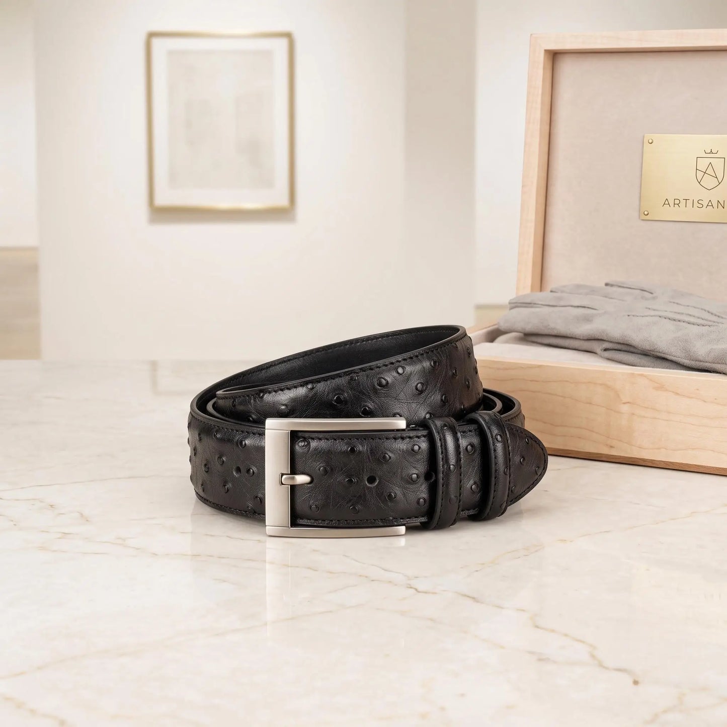 Upgrade Your Style with the Handcrafted Genuine Black Ostrich Leather Belt
