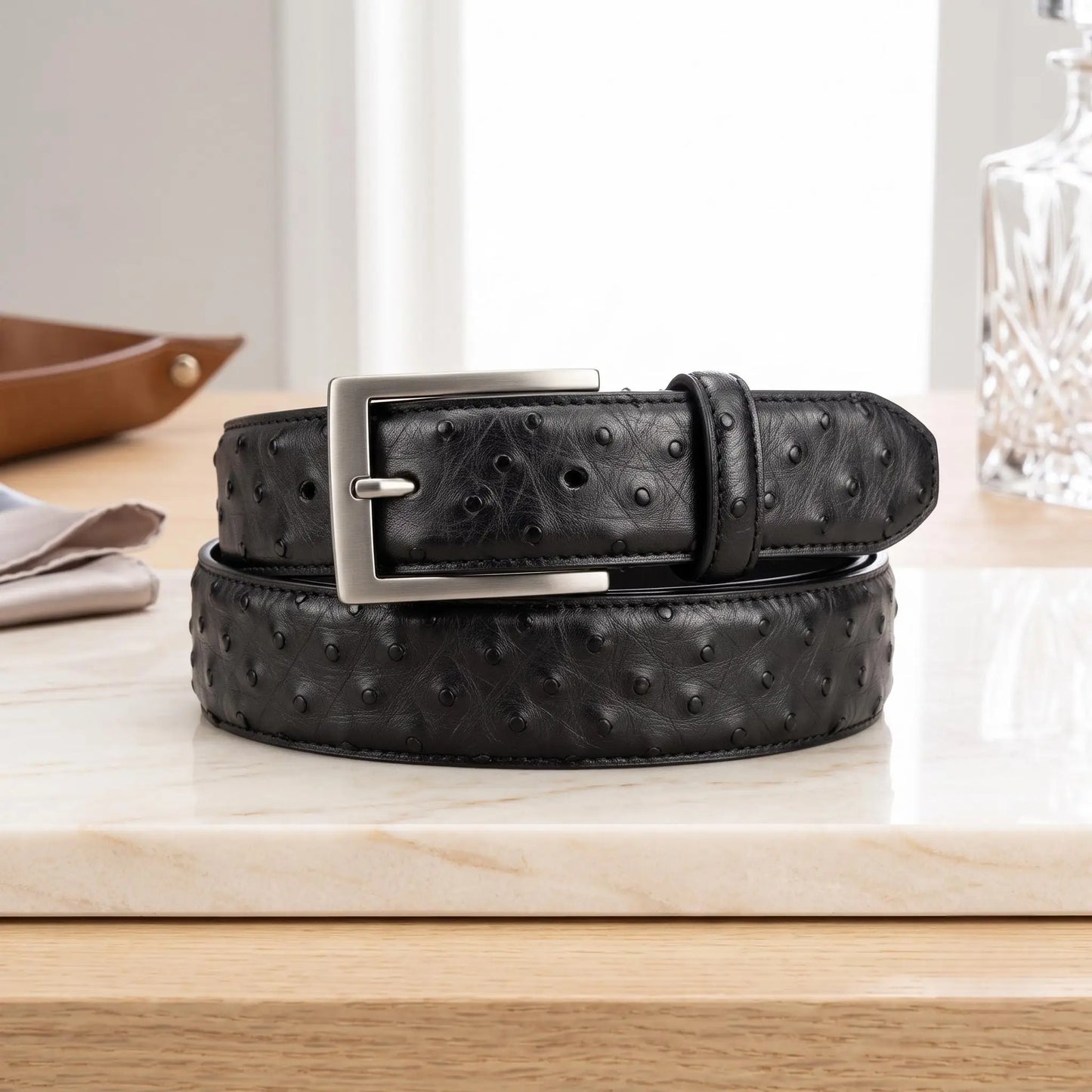 Upgrade Your Style with the Handcrafted Genuine Black Ostrich Leather Belt