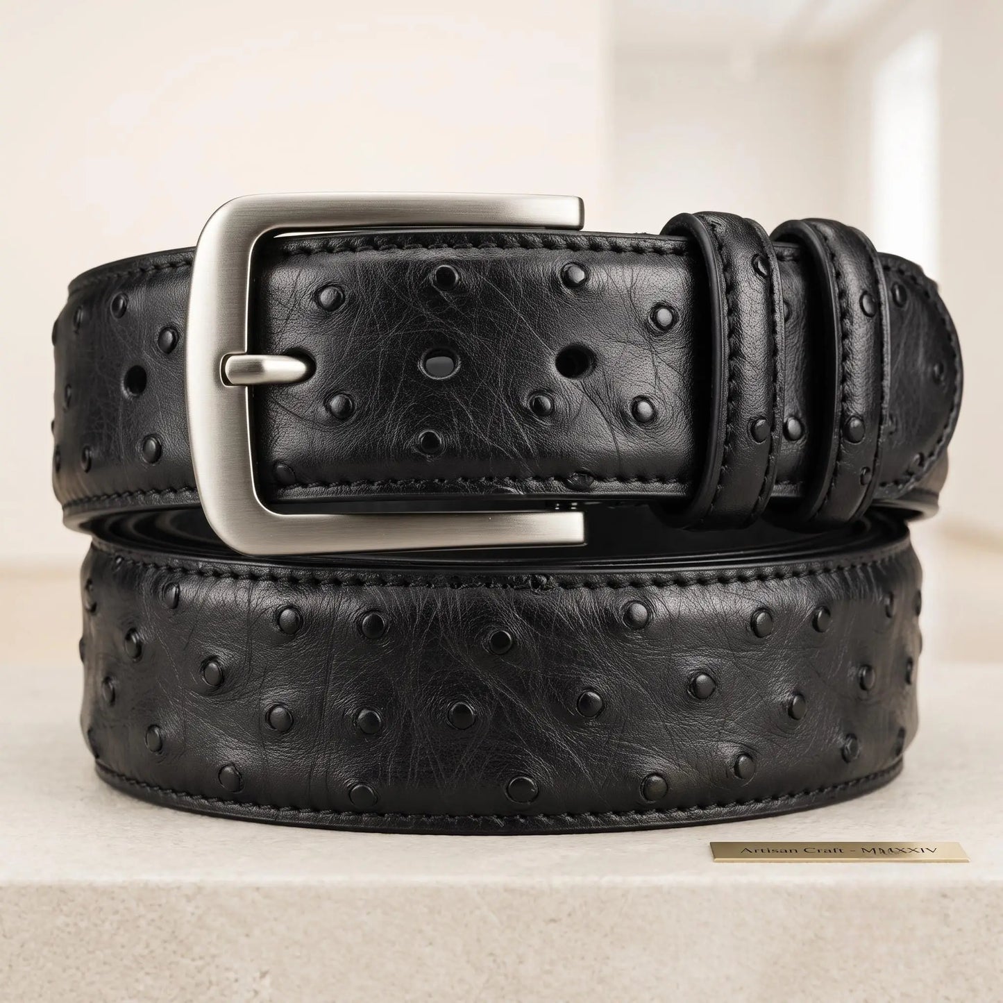 Upgrade Your Style with the Handcrafted Genuine Black Ostrich Leather Belt