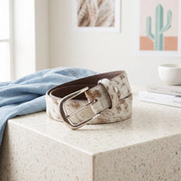 Unisex Genuine Brown & White Cowhide Hair-on Leather Belt with Silver Buckle