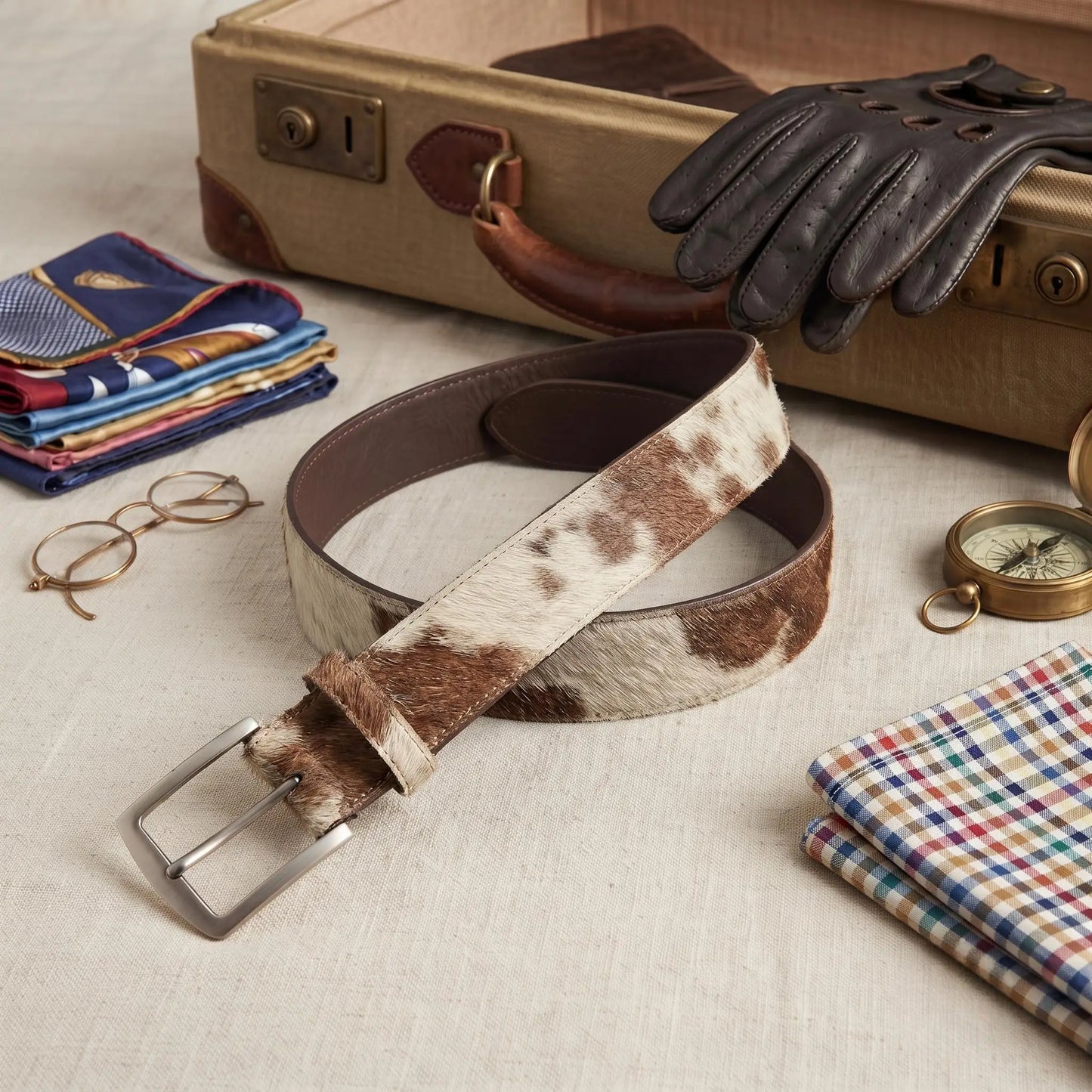 Hair-On Cowhide Leather Belt – Bold Brown & White Large-Patch Western Belt