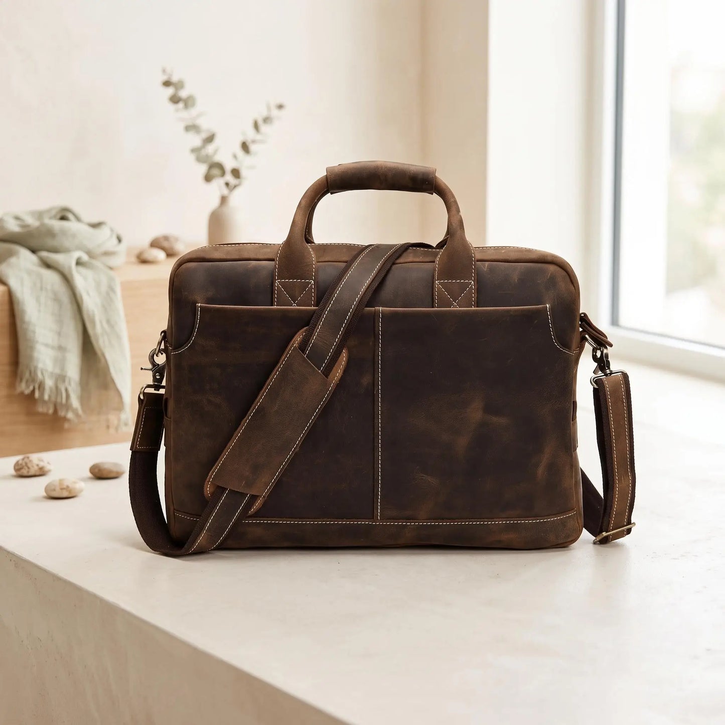 Vintage Handcrafted Genuine Leather Briefcase | 15" Laptop Messenger Bag