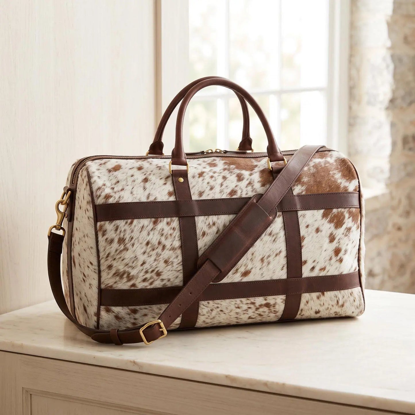 Handcrafted Cowhide & Full-Grain Leather Duffel Bag | Unique Western Weekender