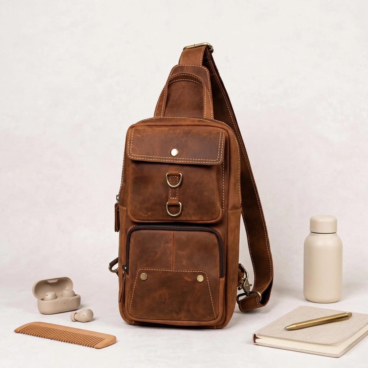 Handcrafted Leather Sling Bag – Vintage Crossbody Backpack for Men