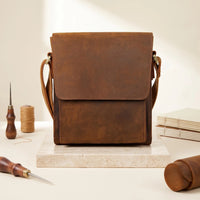 Vintage Full-Grain Leather Messenger Bag – Handmade Crossbody Satchel for iPad & Essentials