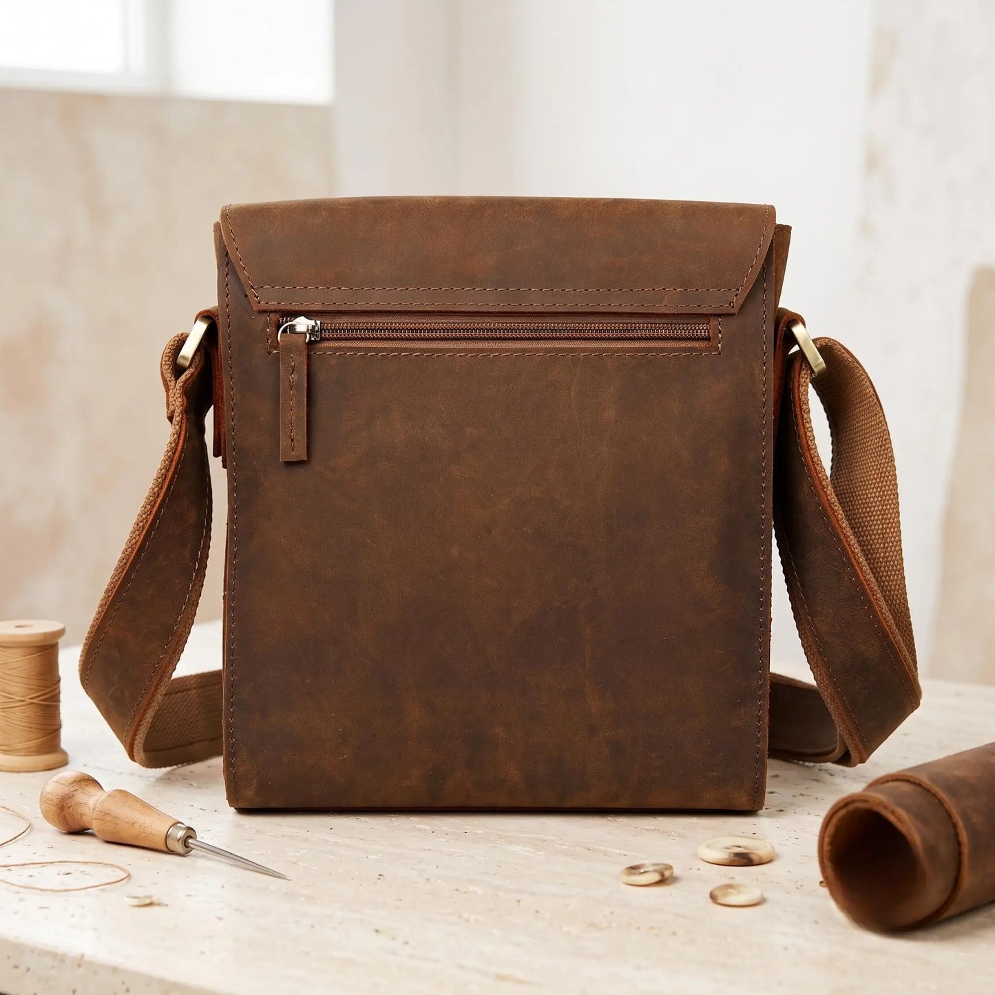 Vintage Full-Grain Leather Messenger Bag – Handmade Crossbody Satchel for iPad & Essentials