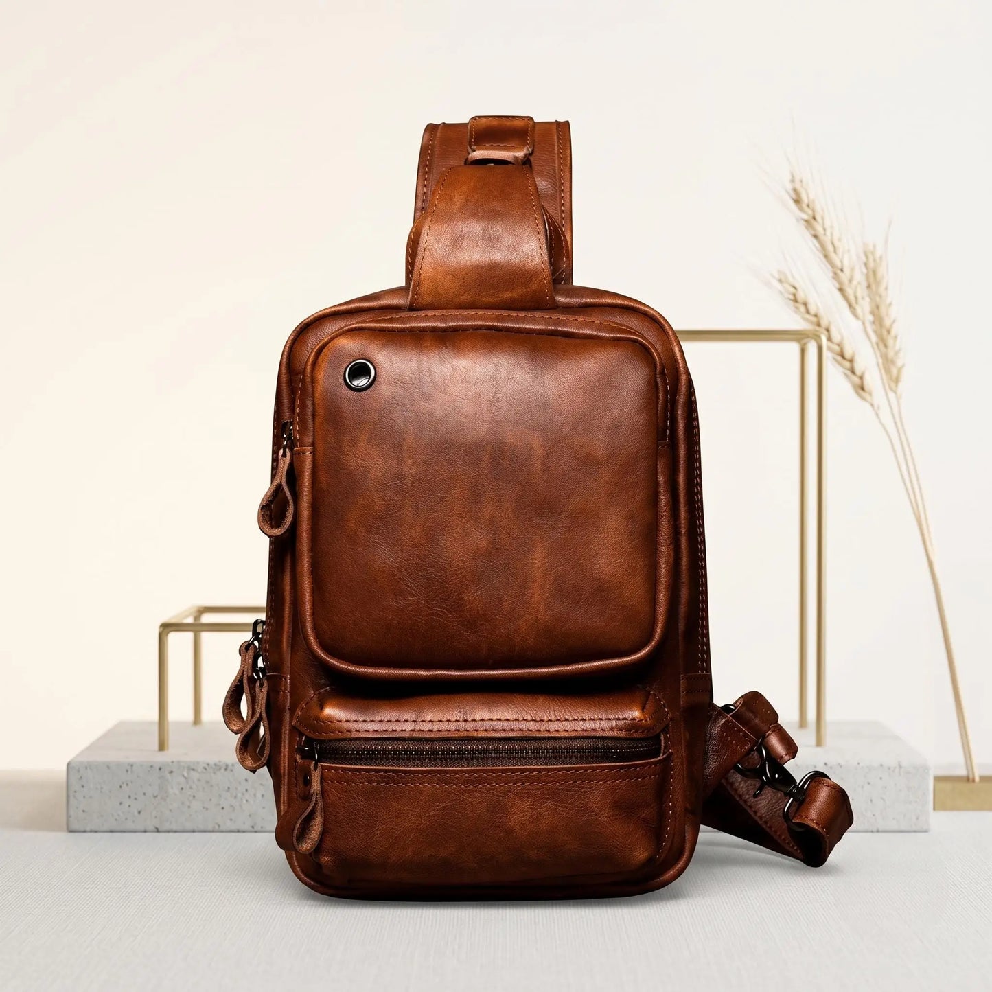 Handmade Full Grain Leather Sling Bag – Crossbody Chest Daypack for Men