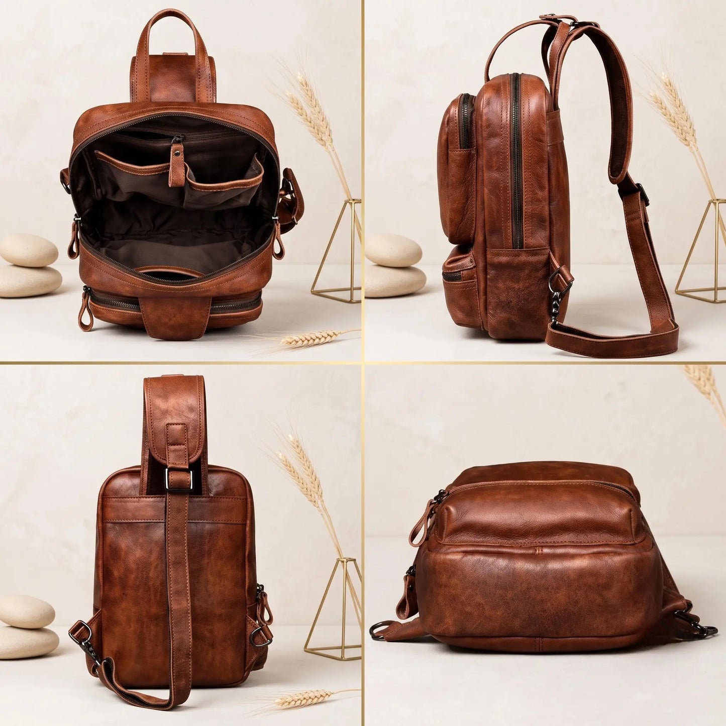 Handmade Full Grain Leather Sling Bag – Crossbody Chest Daypack for Men