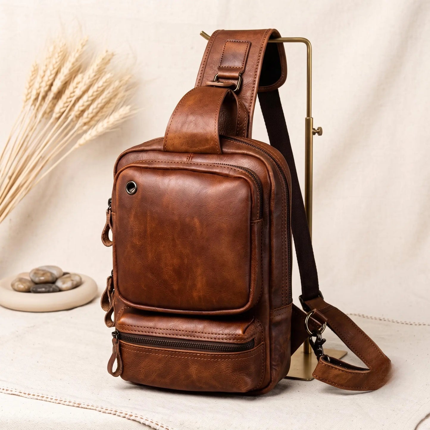 Handmade Full Grain Leather Sling Bag – Crossbody Chest Daypack for Men