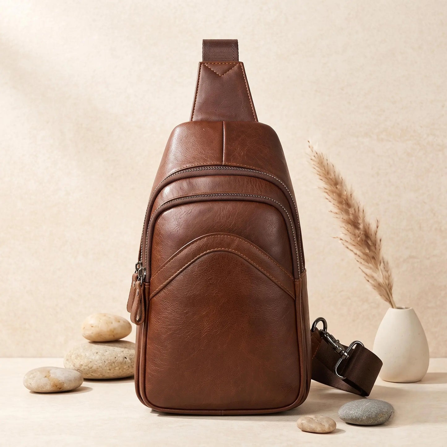 Vintage Full Grain Leather Sling Bag for Men – Everyday Crossbody Chest Pack