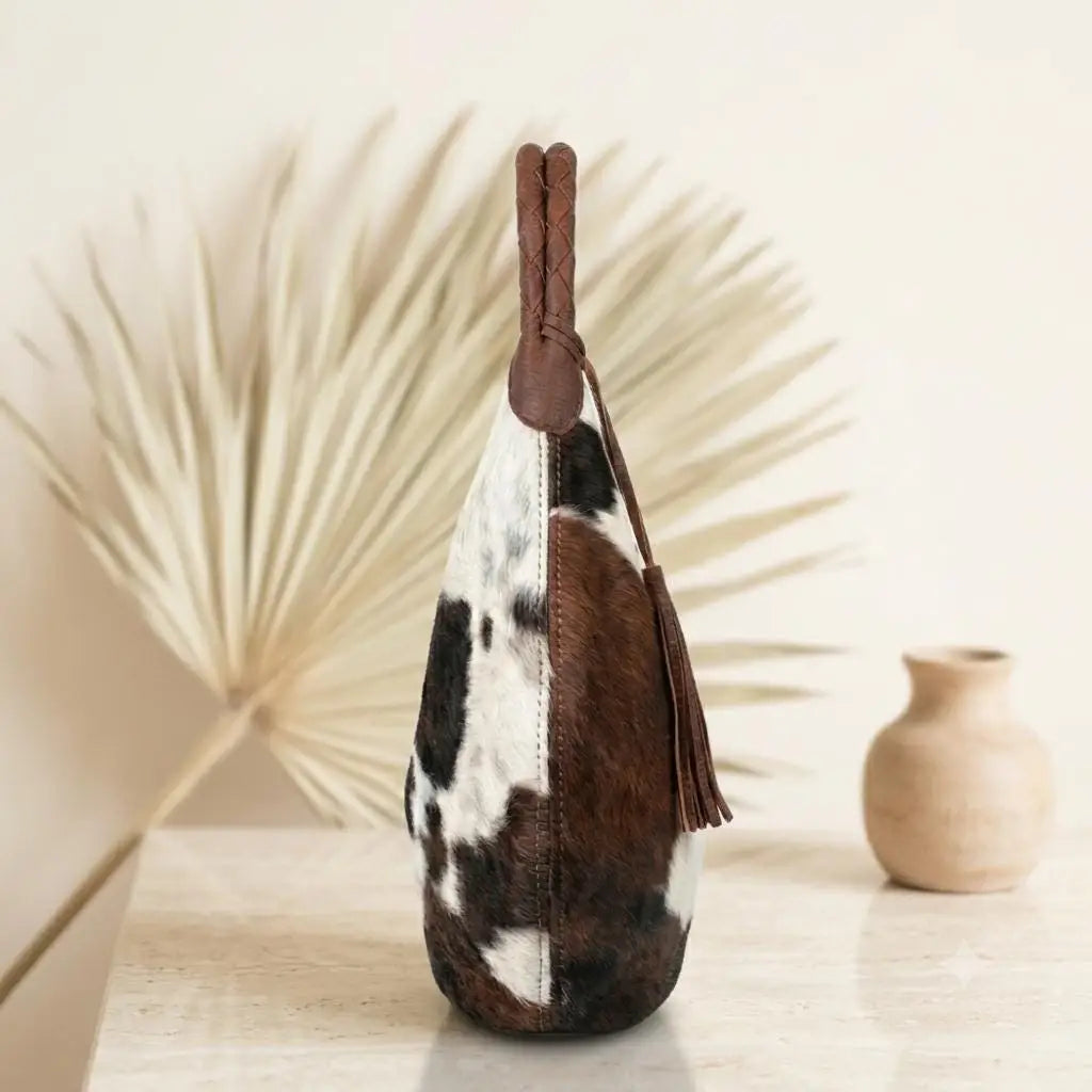 Natural Brown & White Hair-On Cowhide Leather Hobo Bag