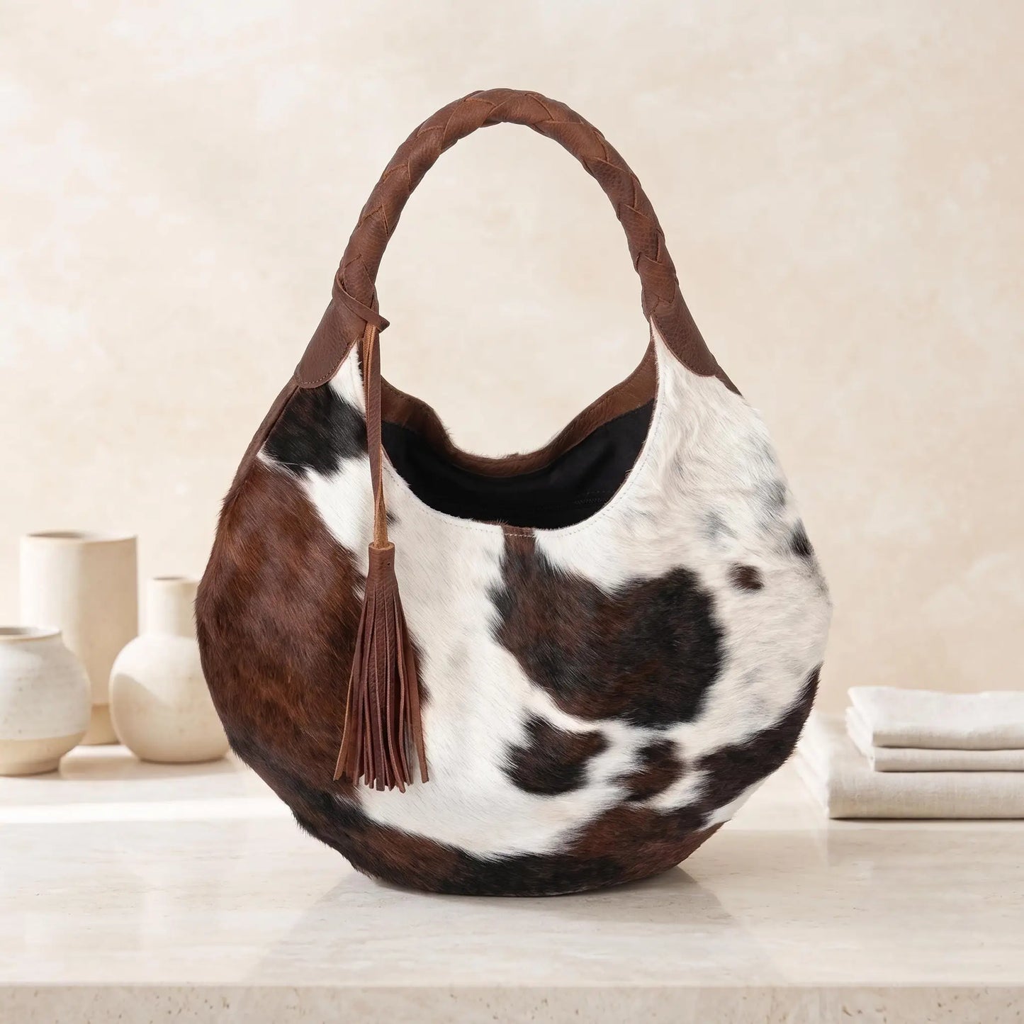 Natural Brown & White Hair-On Cowhide Leather Hobo Bag