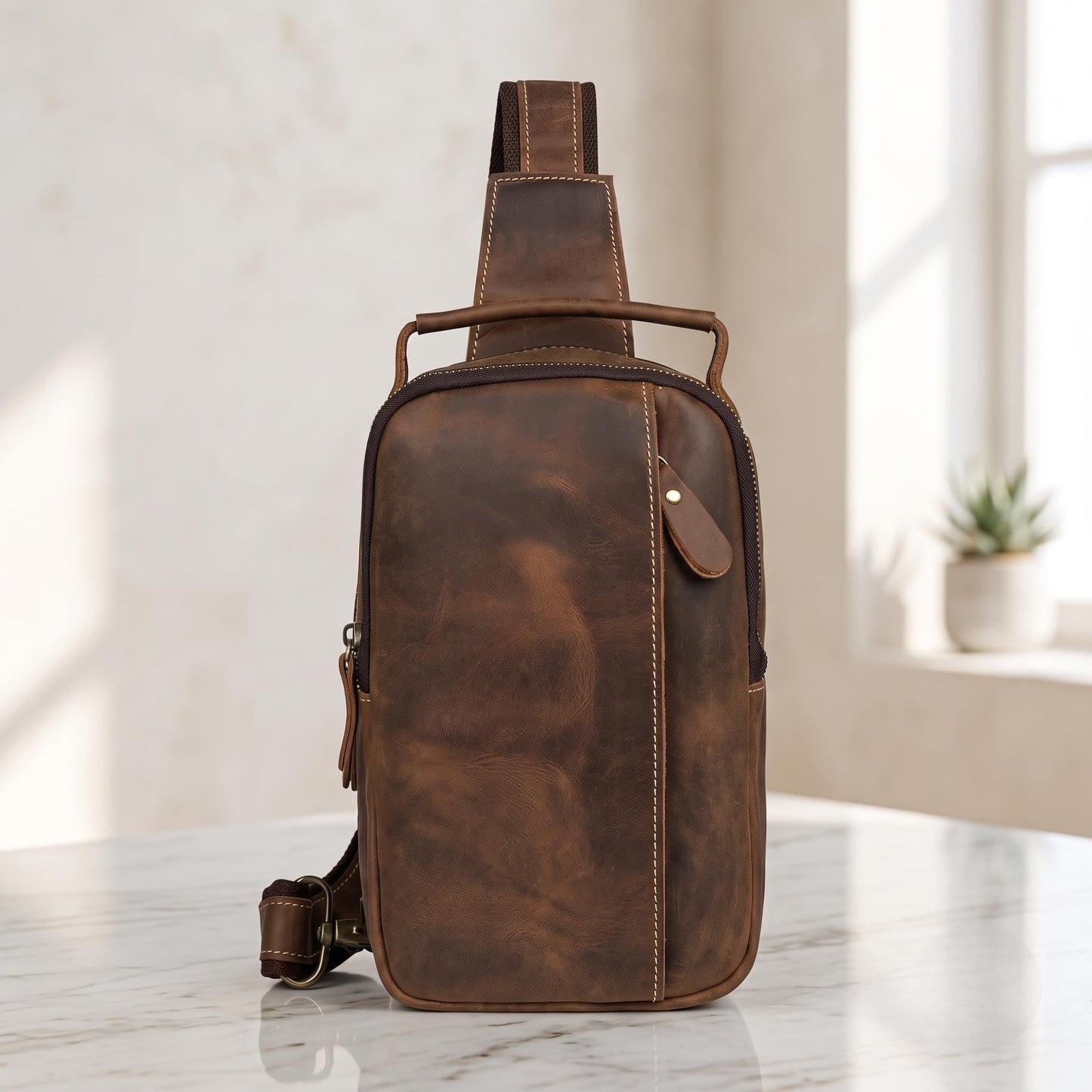 Handcrafted Genuine Leather Sling Bag – Vintage EDC Crossbody Pack