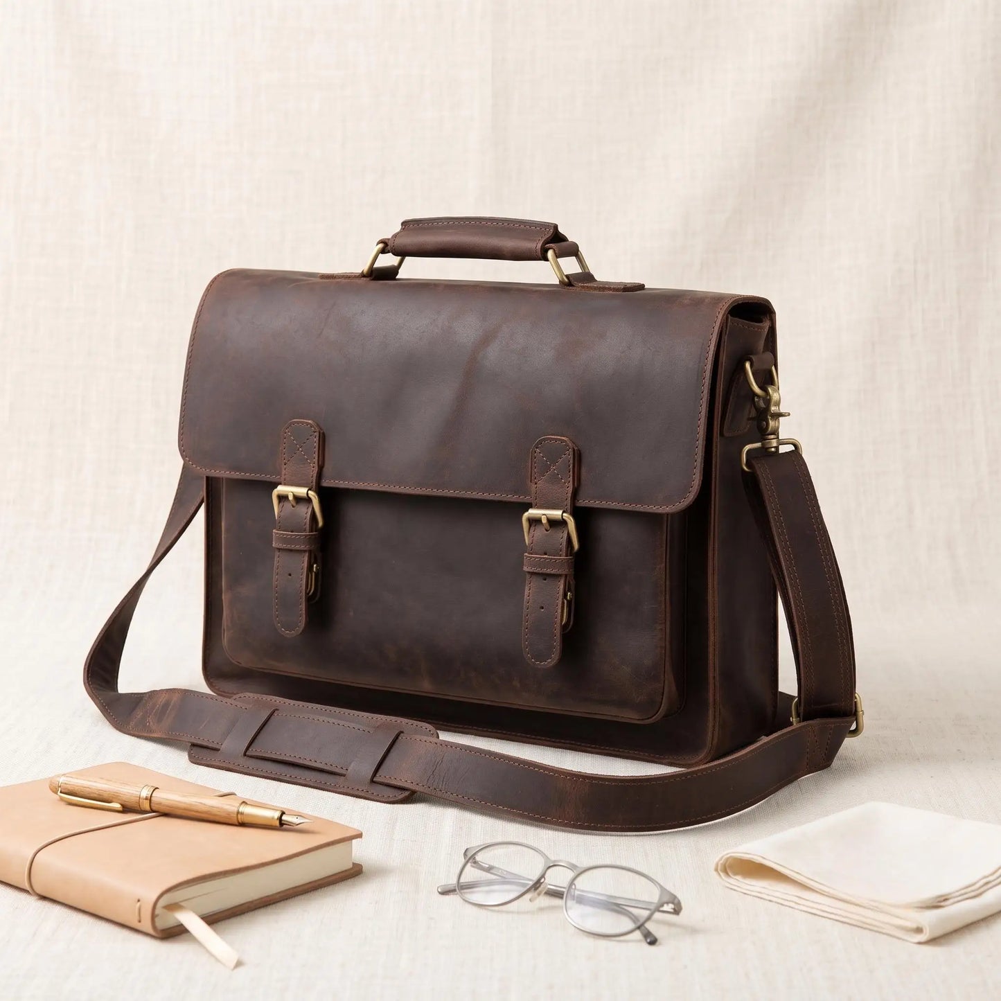 Classic Leather Briefcase – Handcrafted 14" Laptop Messenger Bag