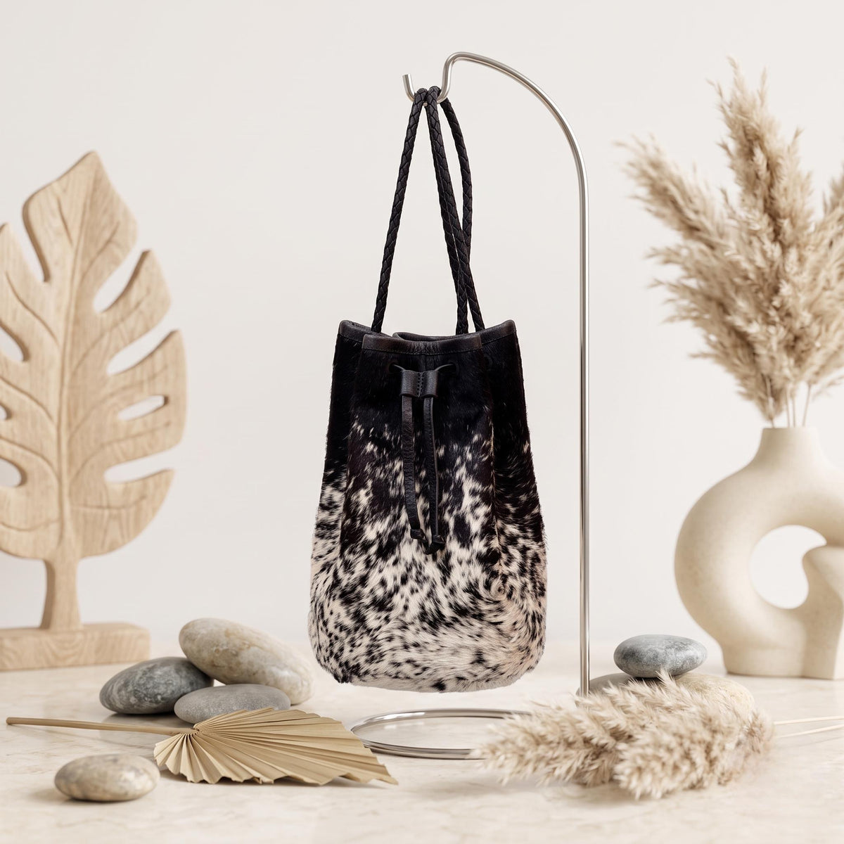 Natural Black & Cream Speckled Hair-On Cowhide Drawstring Bucket Bag